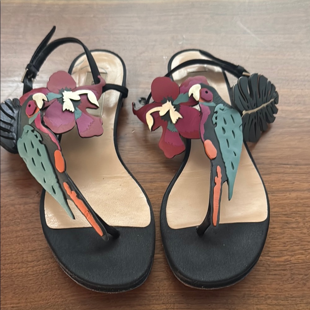 Valentino Garavani Black and Red Sandals with a bird, flower and leaf design EUC - Picture 6 of 13